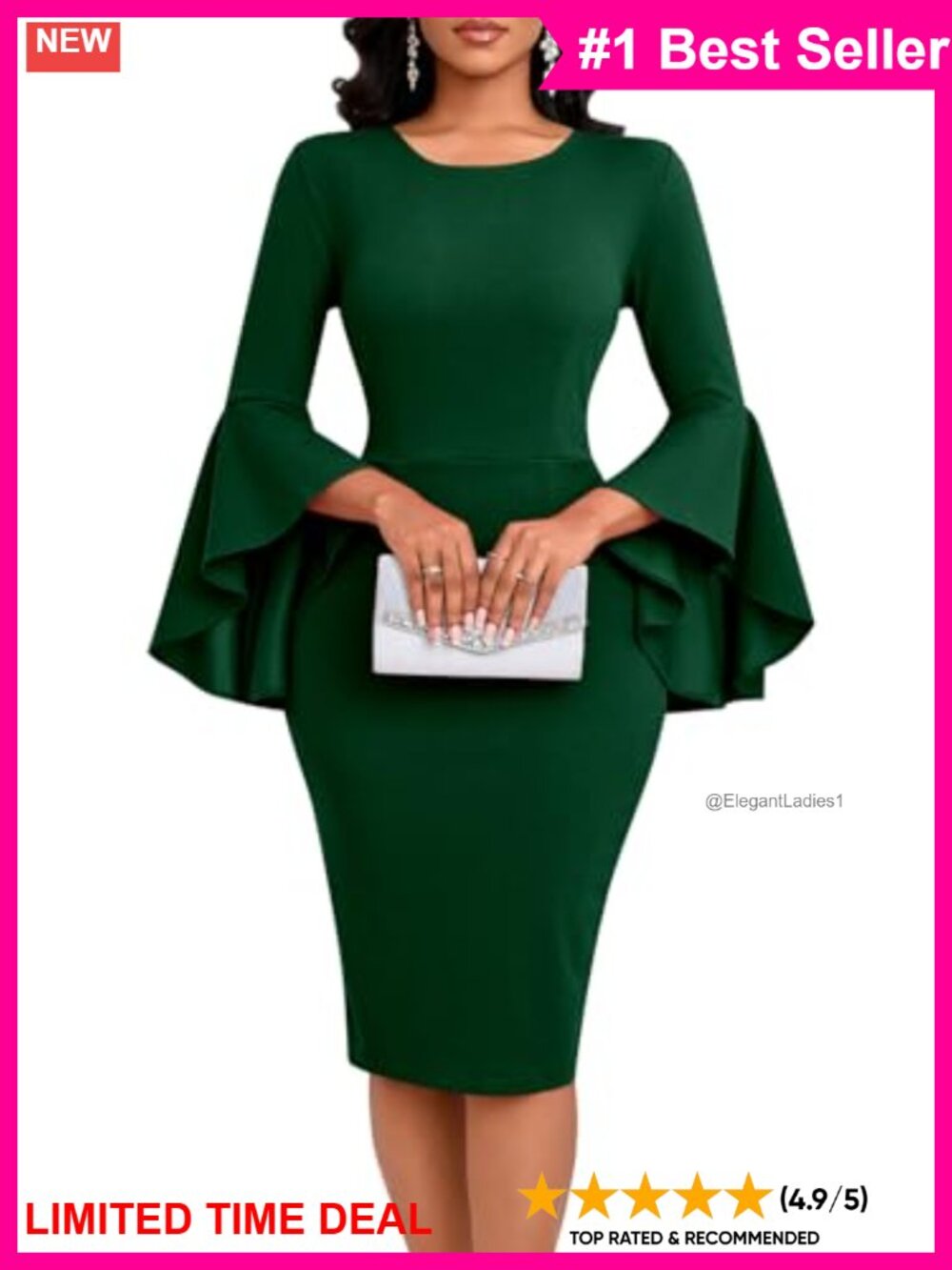 Elegant Ruffle Sleeve Bodycon Midi Pencil Dress Church Work Cocktail